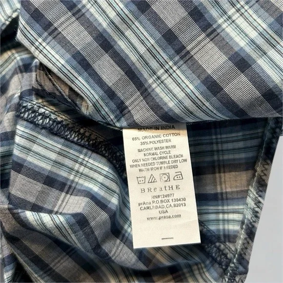 prAna Casual Short Sleeve Button Down Shirt Men's L Plaid Organic Cotton Blend - Picture 9 of 11